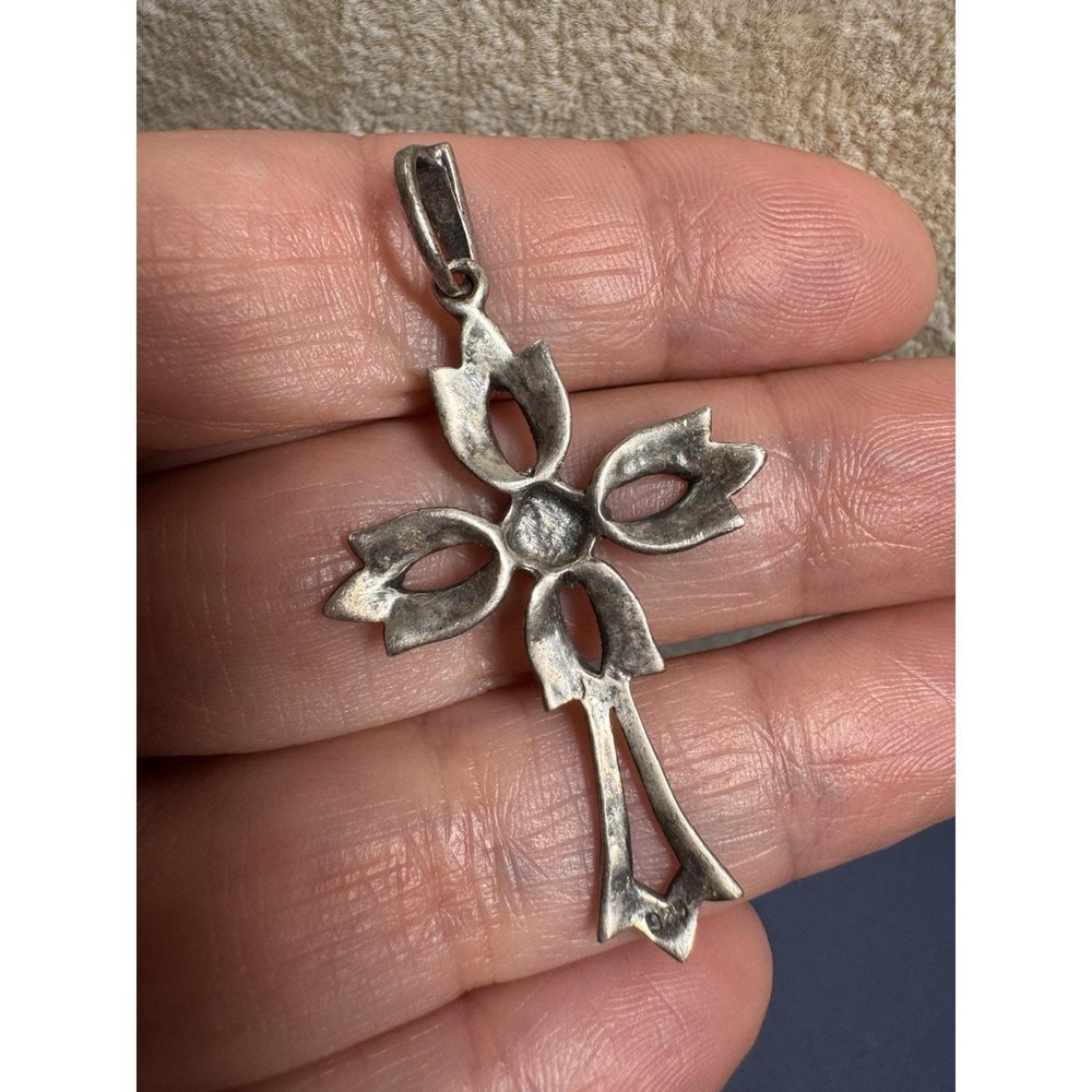 VTG 925 Sterling Silver Y2K Marcesite Whimsigoth Cross Pendant 18" Necklace - Picture 3 of 7